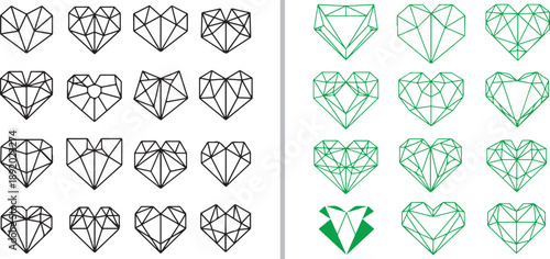 A collection of geometric, low-poly heart icons in black and green. These faceted, origami-style designs offer a modern, structural take on romantic symbols for digital and print media.
