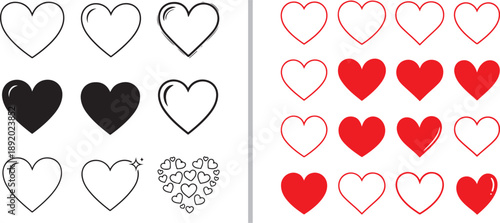A collection of heart icons in black and red. The set features solid, outlined, and stylized designs, including a large heart composed of smaller ones, perfect for UI and romantic themes.