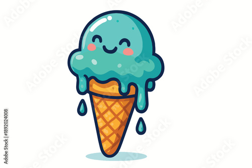 Playful mint ice cream cone illustration featuring a happy, smiling face, teal scoops, and a waffle cone. Perfect for kids’ menus, dessert ads, and cheerful branding.