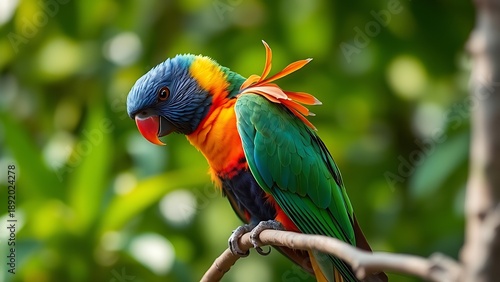 disarranged. A colorful parrot preening a feather on a branch, soft morning light. wildlife magazines, conservation campaigns, designed for eco-tourism storytelling.