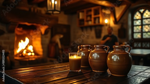 flagons. Medieval-style tavern interior with firelight glowing on terracotta flagons of ale. bar promotions, beverage menus, designed for food & beverage menus and cafe branding.