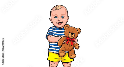 Cartoon Baby Holding Teddy Bear with Red Bow