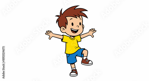 Cartoon Child Balancing Joyfully on One Leg with Smile