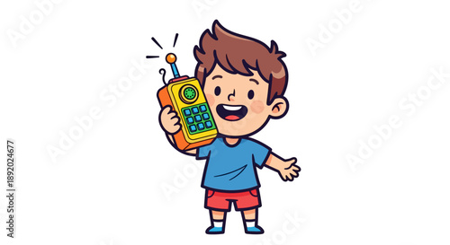 Cartoon Child Pretending to Talk on Colorful Toy Phone