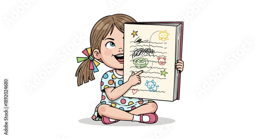 Cartoon Child Showing Sketchpad with Colorful Doodles