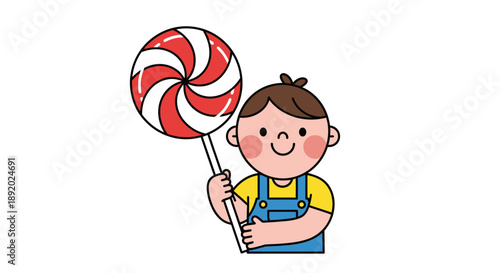 Cartoon Child Holding Giant Red Swirl Lollipop