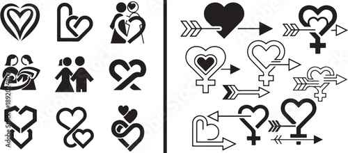 A creative vector collection featuring abstract geometric hearts, stylized human figures holding hands, and a dove. The black and white designs use circles and triangles for a modern, symbolic look.