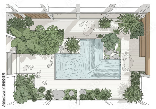 Top View Architectural Plan of Modern Outdoor Living Space With L Shaped Pool Surrounded by Lush Greenery and Contemporary Decking layout