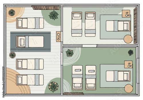 Top Down Aerial View of Modern Compact Living Spaces Featuring Two Bedroom Suites and Guest Accommodations with Furniture Arrangements layout