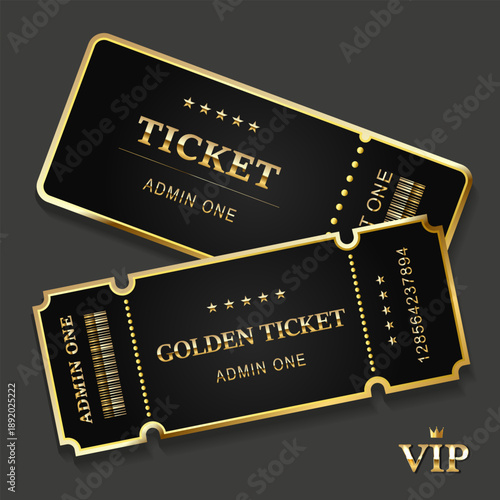 Luxury black and gold ticket templates. Vector illustration for VIP events, concerts, and cinema. Features stars, barcodes, and "Admin One" text. Perfect for premium access invitations.