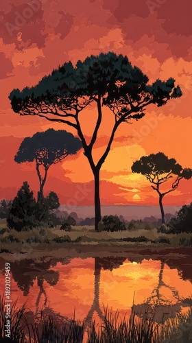 Pixel Art Landscape with Silhouetted Trees Against a Vibrant Orange Sunset Sky Reflected in Water Creating a Serene and Nostalgic Vibe with Visible Pixelation