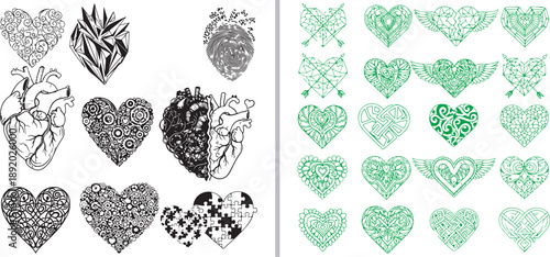 A diverse collection of black and green vector hearts. Features intricate anatomical illustrations, floral patterns, winged designs, and puzzle-piece textures for creative graphic projects.