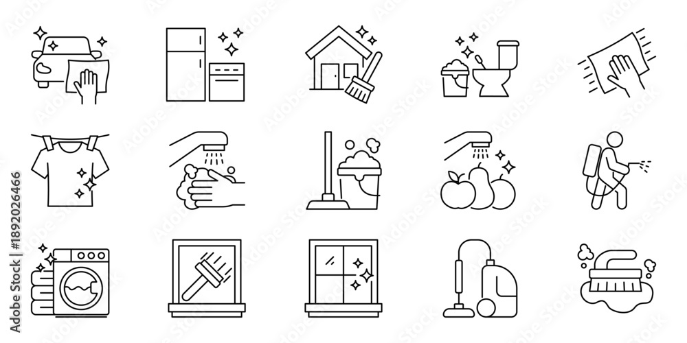 Fototapeta premium Modern Outline Icons Collection for Comprehensive Home Cleaning, Domestic Chores, Sanitation, and Maintenance Services – Essential Graphic Elements for Daily Tasks