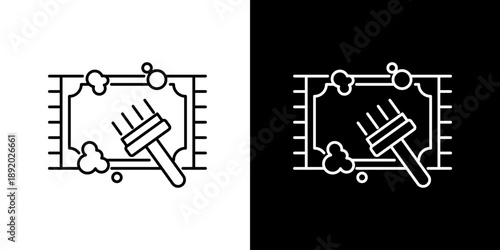 Cleaning a carpet with a brush and foam, illustrated with a black and white outline icon on a white and black background