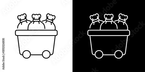 Minimalist black and white vector icon of a mine cart filled with bags, symbolizing wealth, resourcefulness, financial gain, and lucrative industry opportunities