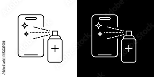 Clean smartphone with antibacterial spray, digital hygiene and sanitization concept icon illustration