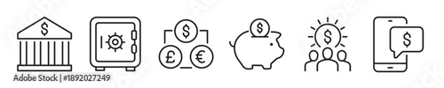 Bank thin line icon set. Web minimal editable stroke icons