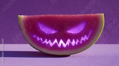 Spooky purple watermelon slice with glowing eyes and teeth