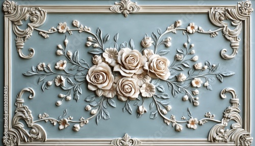 Ornate sculpted floral panel features roses against a soft blue background within an elaborate frame