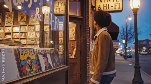 Young Black Man Browsing Vinyl Records Outside Store at Dusk.