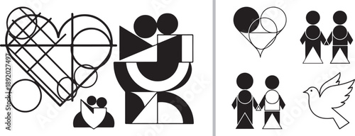 A creative vector collection featuring abstract geometric hearts, stylized human figures holding hands, and a dove. The black and white designs use circles and triangles for a modern, symbolic look.