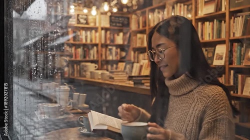 Young Woman Reading a Book in a Cozy Bookstore Cafe.