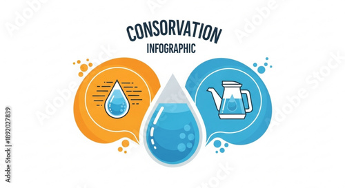 Water conservation infographic with icons of a water drop and watering can concept for saving resources and environmental protection flat vector illustration