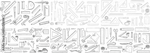 A detailed sketch of assorted drawing and measuring tools arranged in a creative layout.