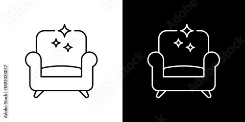 Minimalist line art icon representing a professionally cleaned and sparkling comfortable armchair, perfect for furniture care service and home decor applications
