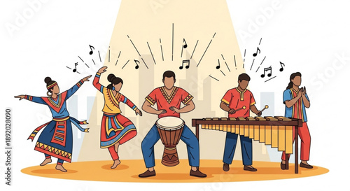 Diverse group of people performing traditional music and dance celebrating cultural heritage with vibrant instruments and energetic movements illustration for festivals and events