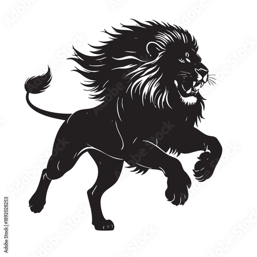A black lion with a fierce expression and flowing mane