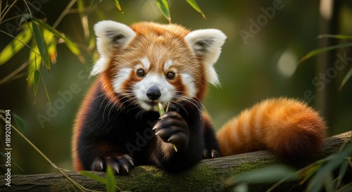 A red panda sitting on a branch in a forest, holding a piece of bamboo.
