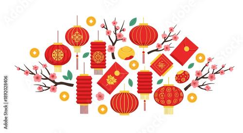 A vibrant illustration of Chinese New Year elements, including red lanterns, tanglung, and a fire horse, set against a white background with a mix of cherry blossoms and golden coins.