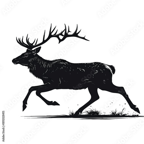 Black silhouette of a running deer with large antlers in a grassy field