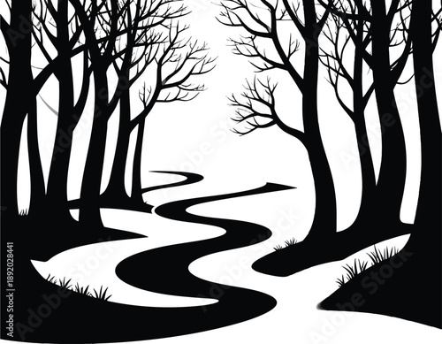 Black silhouette of a winding forest path with bare trees