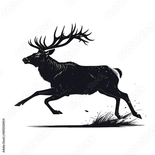 A black silhouette of an elk or deer with large antlers running in a dynamic pose with grass