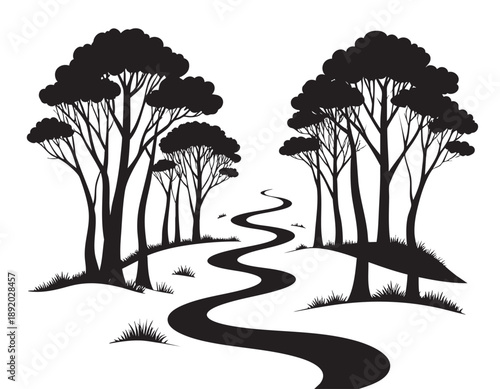 Black silhouette of a winding road through trees