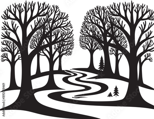 Black silhouette of trees and winding road on for design and decoration purposes