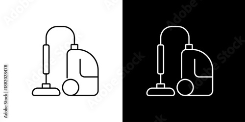 Line art icon of a vacuum cleaner on white and black backgrounds, representing cleaning and household chores