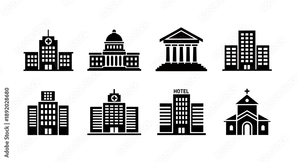 Obraz premium Collection of black architectural building icons representing city skyline silhouettes.