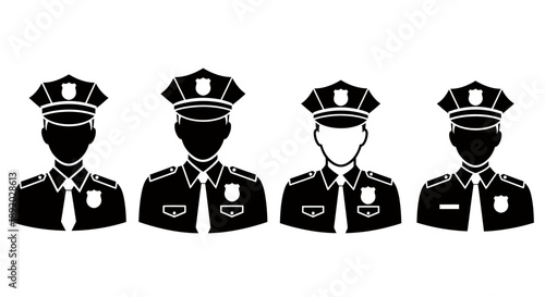 Group of four police officers standing in a row as black silhouette figures in uniform.