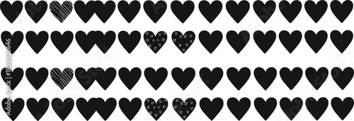 Black heart silhouette vector set with solid and textured love symbols isolated on white background design