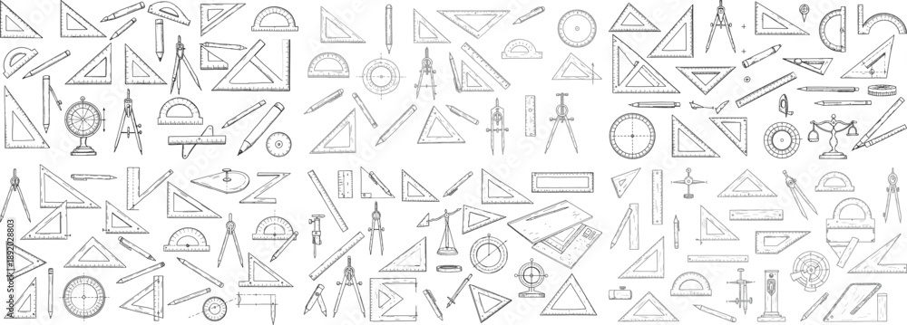Obraz premium A diverse collection of geometric tools and drawing instruments in monochrome, showcasing precision and creativity.