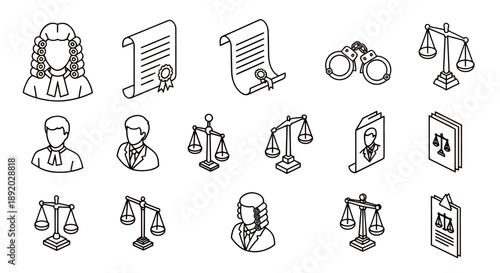 Collection of justice and legal system icons including scales of balance, gavel, documents, and courtroom symbols.