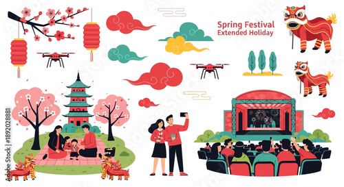 Illustrations of people celebrating Spring Festival with dragon dance, lanterns, and traditional Chinese architecture, showcasing a vibrant and festive atmosphere with a mix of cultural