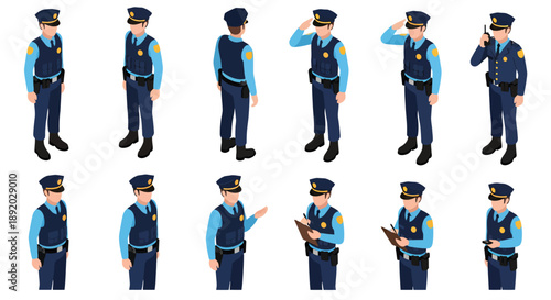 Series of police officers in blue uniforms shown in varied poses and stances.