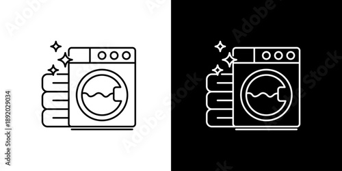 Washing machine icon with a stack of sparkling clean laundry, symbolizing fresh clothes and efficient household washing tasks and domestic cleanliness