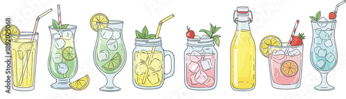 Colorful summer lemonade and fruit mocktail drinks in glasses and bottles with ice citrus hand drawn vector set