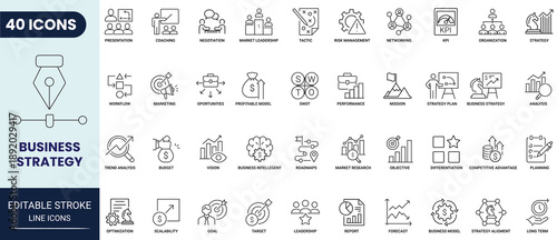 Business strategy line icon set. Includes market analysis, strategy, leadership, innovation, planning and more. Editable stroke. Vector illustration.