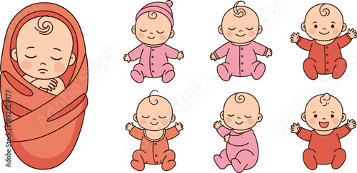 Cute baby character set with sleeping and smiling newborn poses in soft pastel flat cartoon vector style